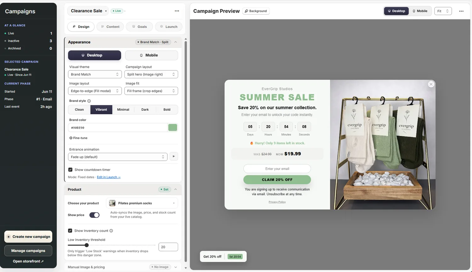 Kapturize campaign editor with Brand Match styling a live campaign preview from theme colors