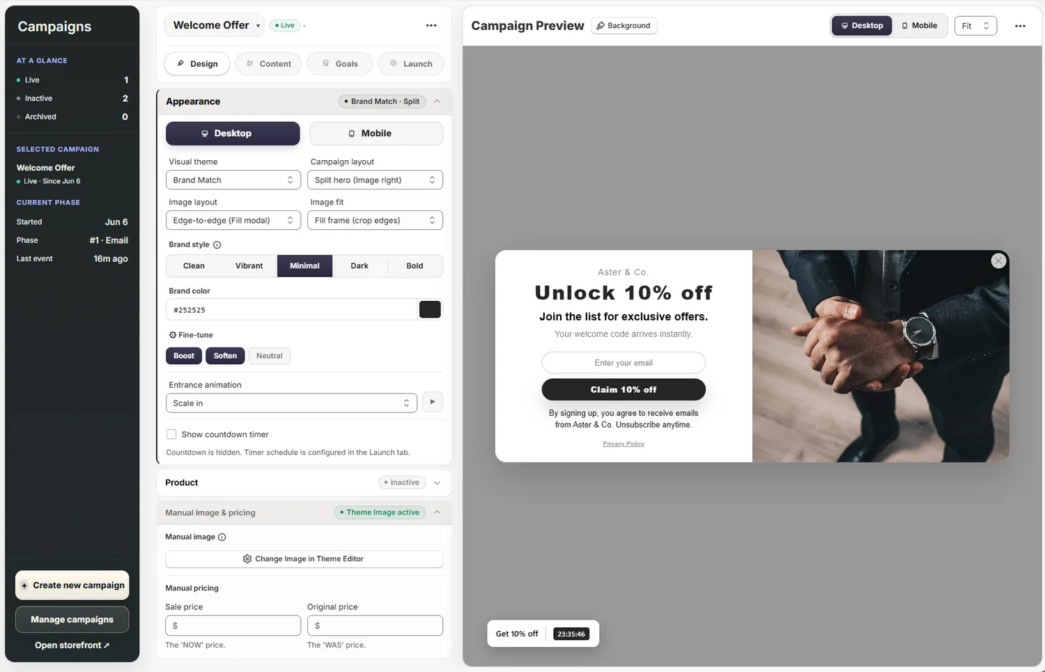 Kapturize campaign editor with goals, email settings, and a live desktop preview