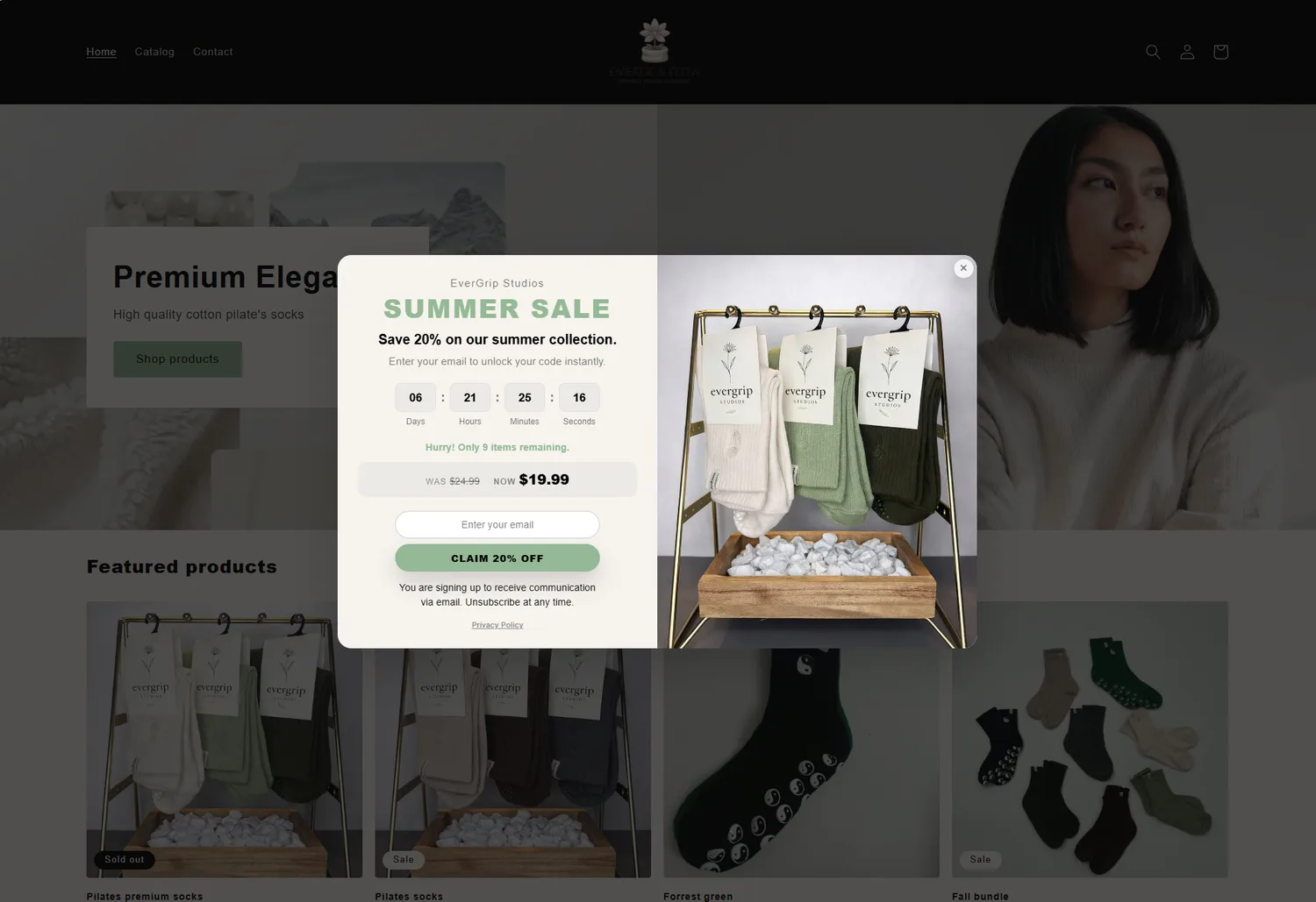 A Kapturize flash sale campaign on a storefront with countdown timer, live stock count, and sale pricing